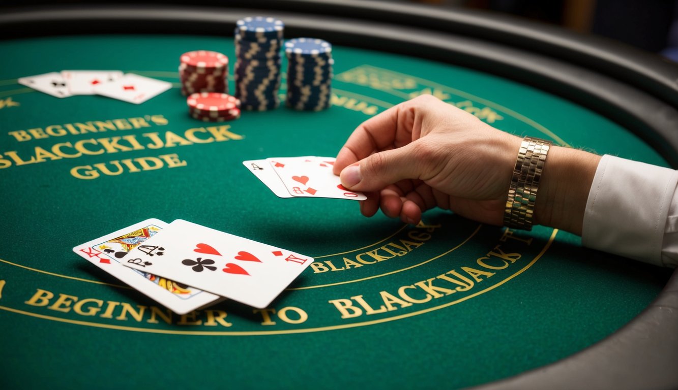 Panduan pemula untuk Blackjack, dengan satu dek kartu dan sekelompok chip di meja felt hijau