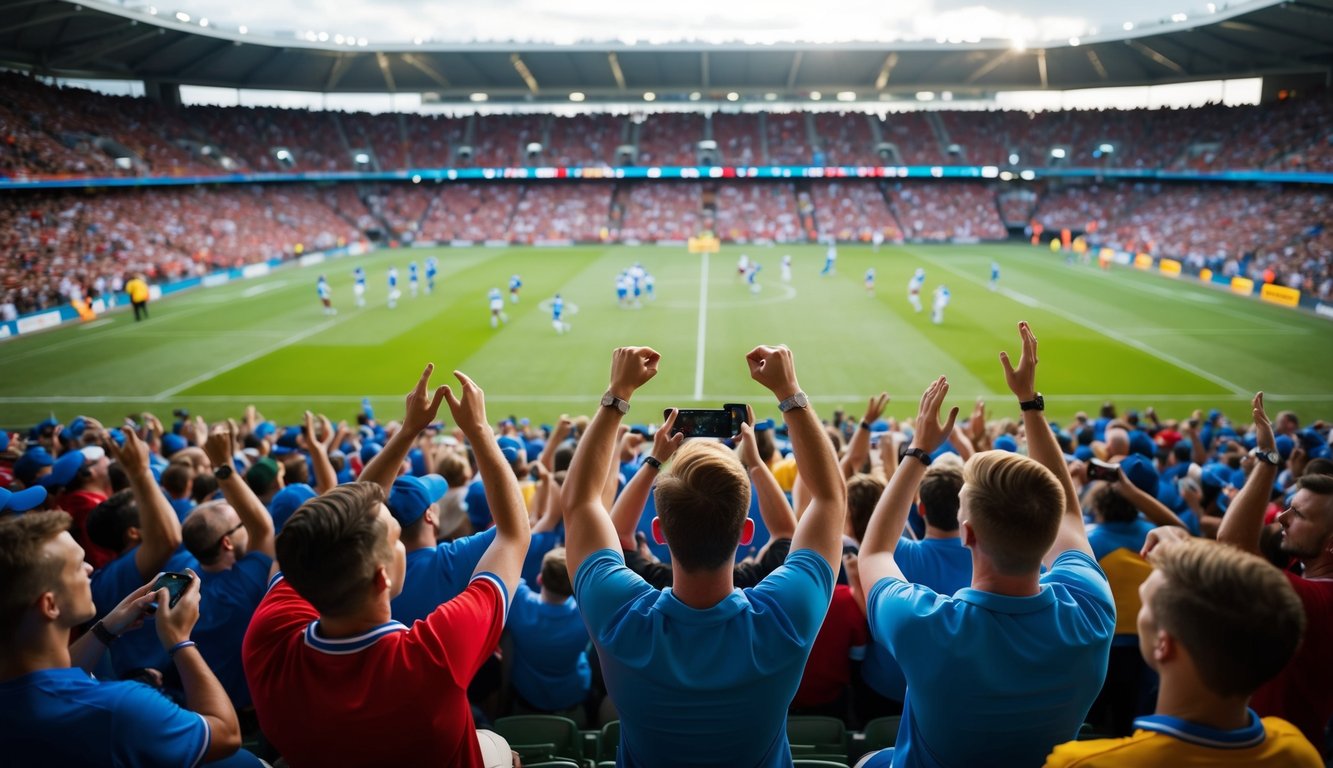 Sebuah stadion olahraga yang ramai dengan penggemar yang bersorak dan pemain di lapangan