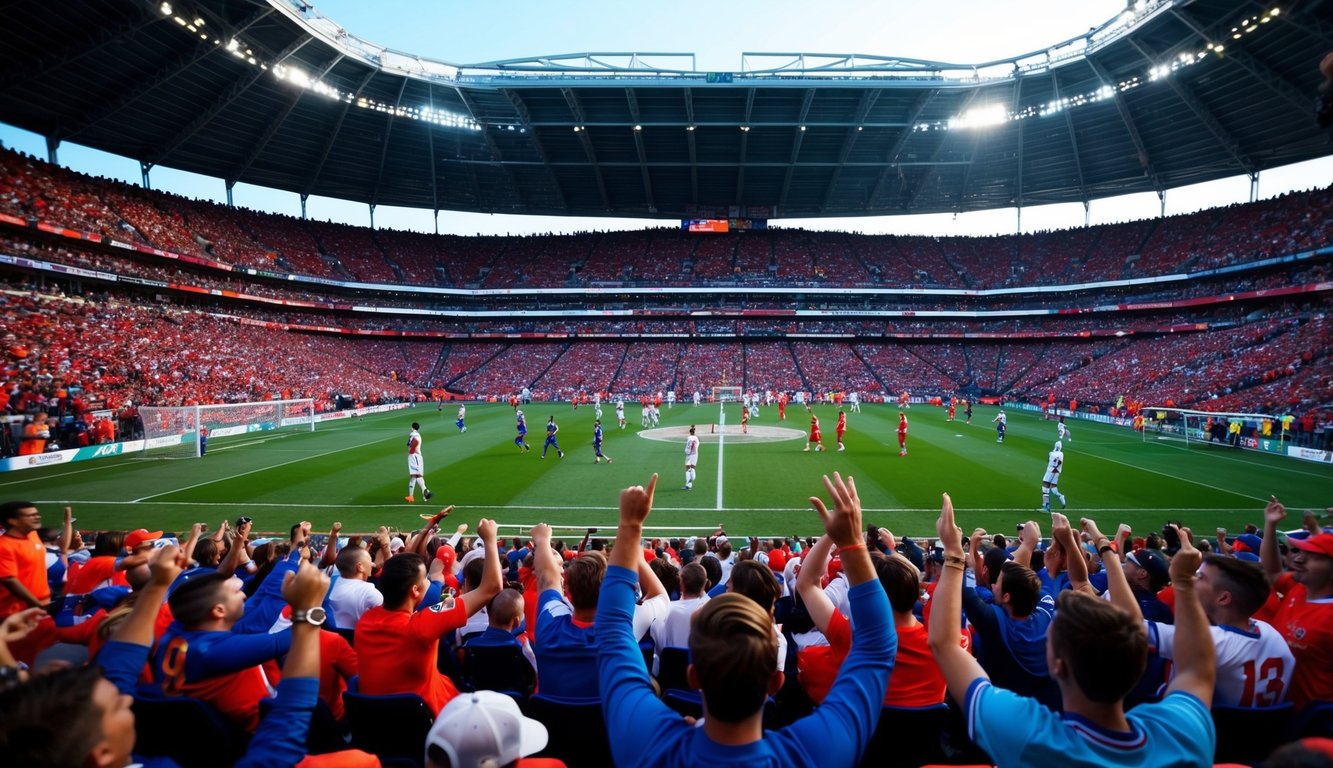 Sebuah stadion olahraga yang ramai dengan penggemar yang bersorak dan pemain di lapangan