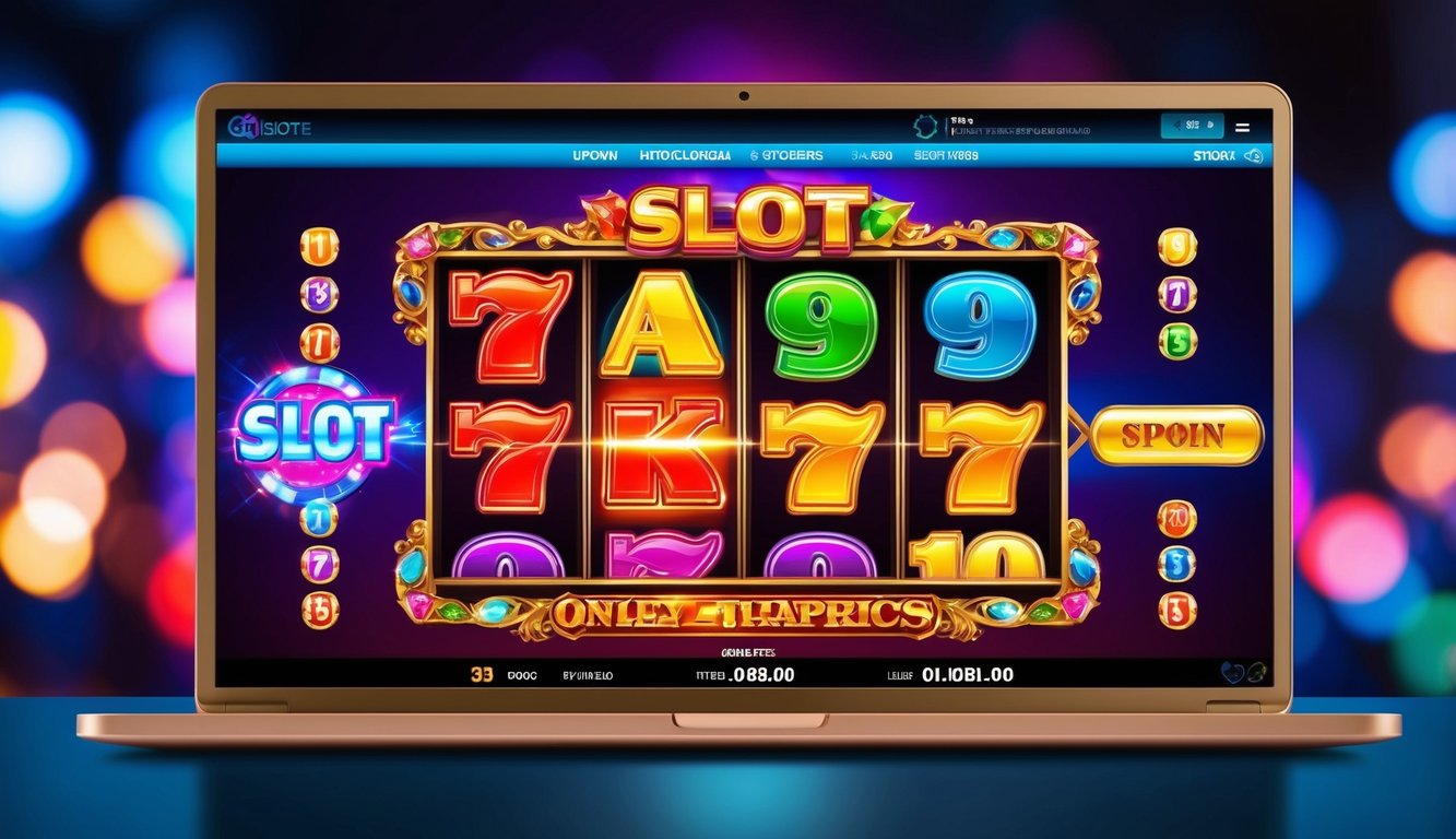 Sebuah permainan slot online yang cerah dengan grafis berwarna-warni dan simbol yang bersinar