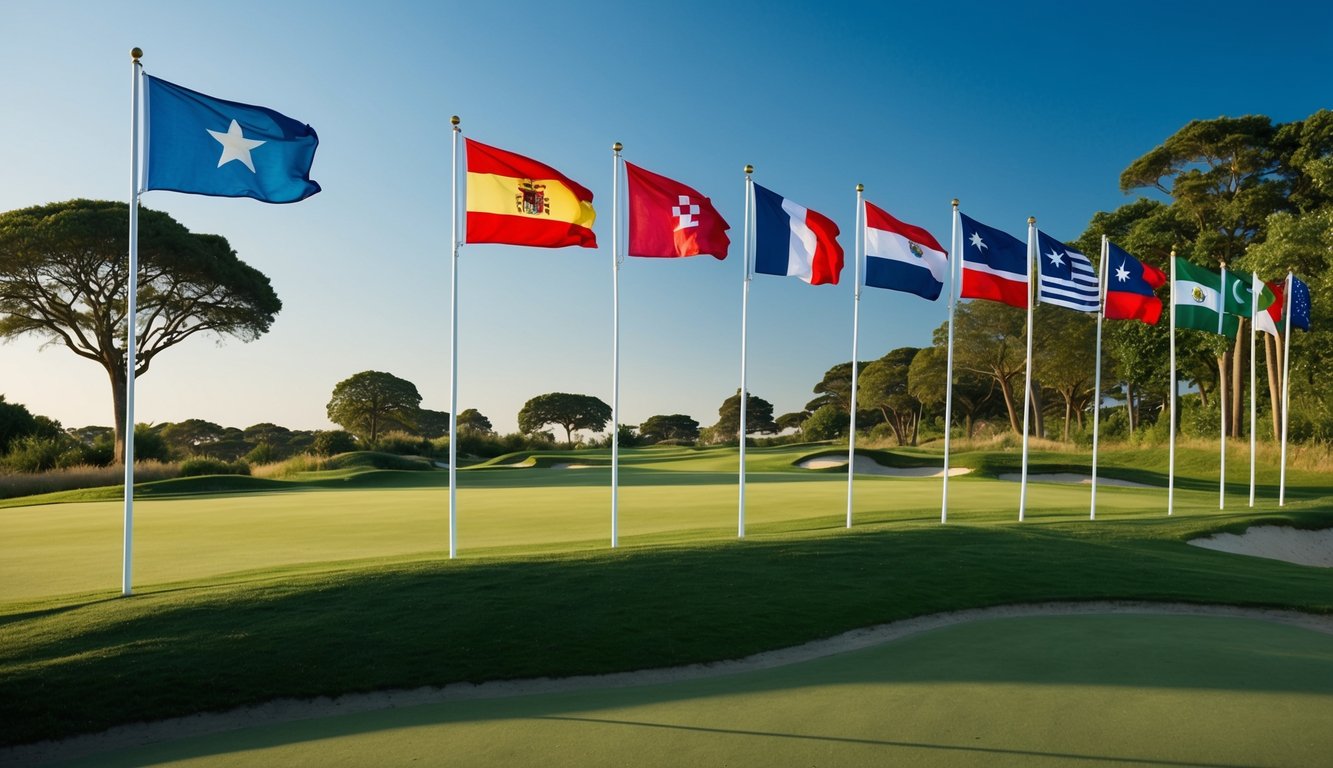 Sebuah lapangan golf dengan bendera dari berbagai negara berjejer di sepanjang fairway, dikelilingi oleh hijau yang subur dan langit biru yang cerah