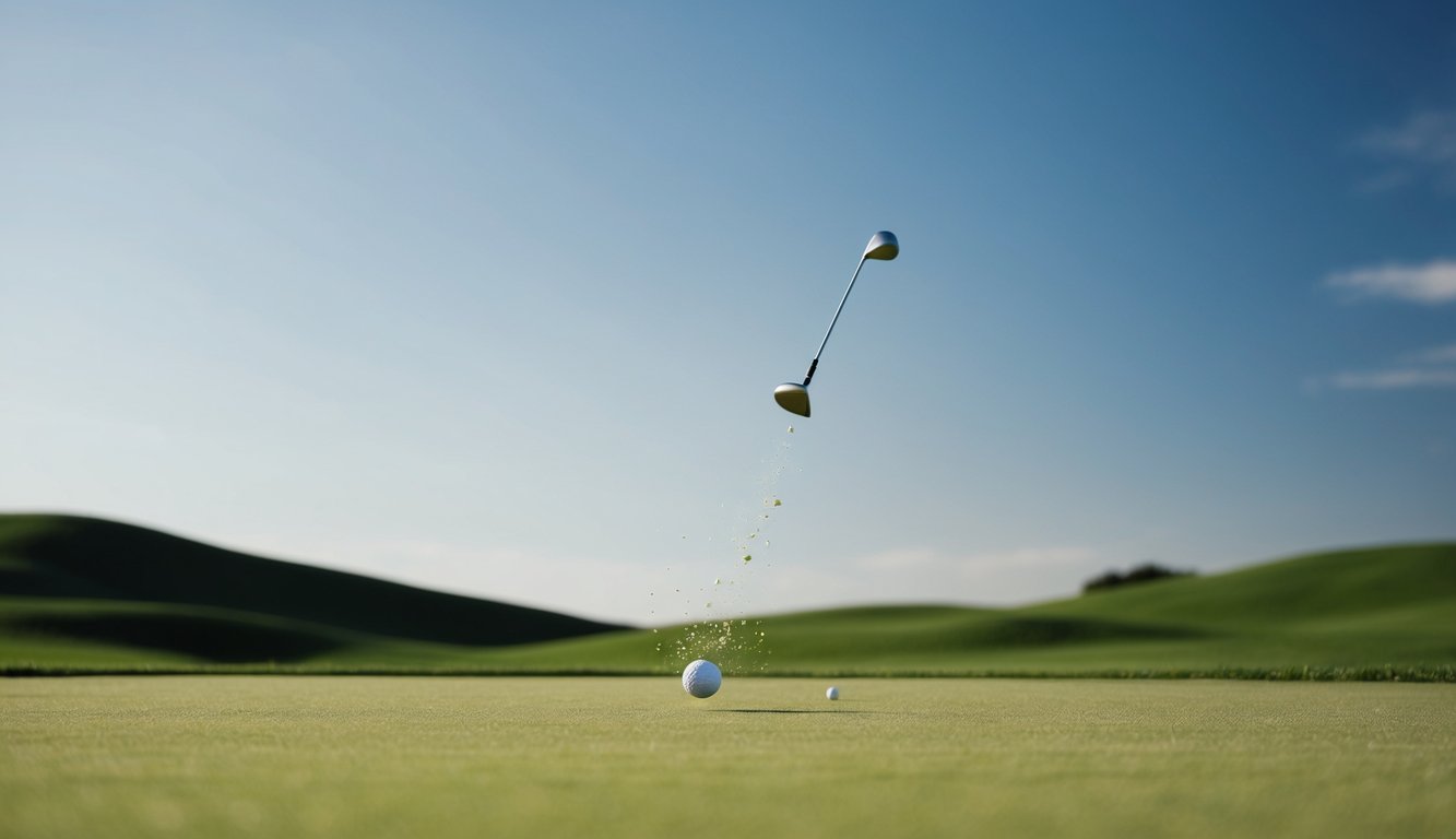 Sebuah bola golf meluncur di udara menuju lapangan hijau, dikelilingi oleh bukit-bukit yang subur dan bergelombang serta langit biru yang cerah