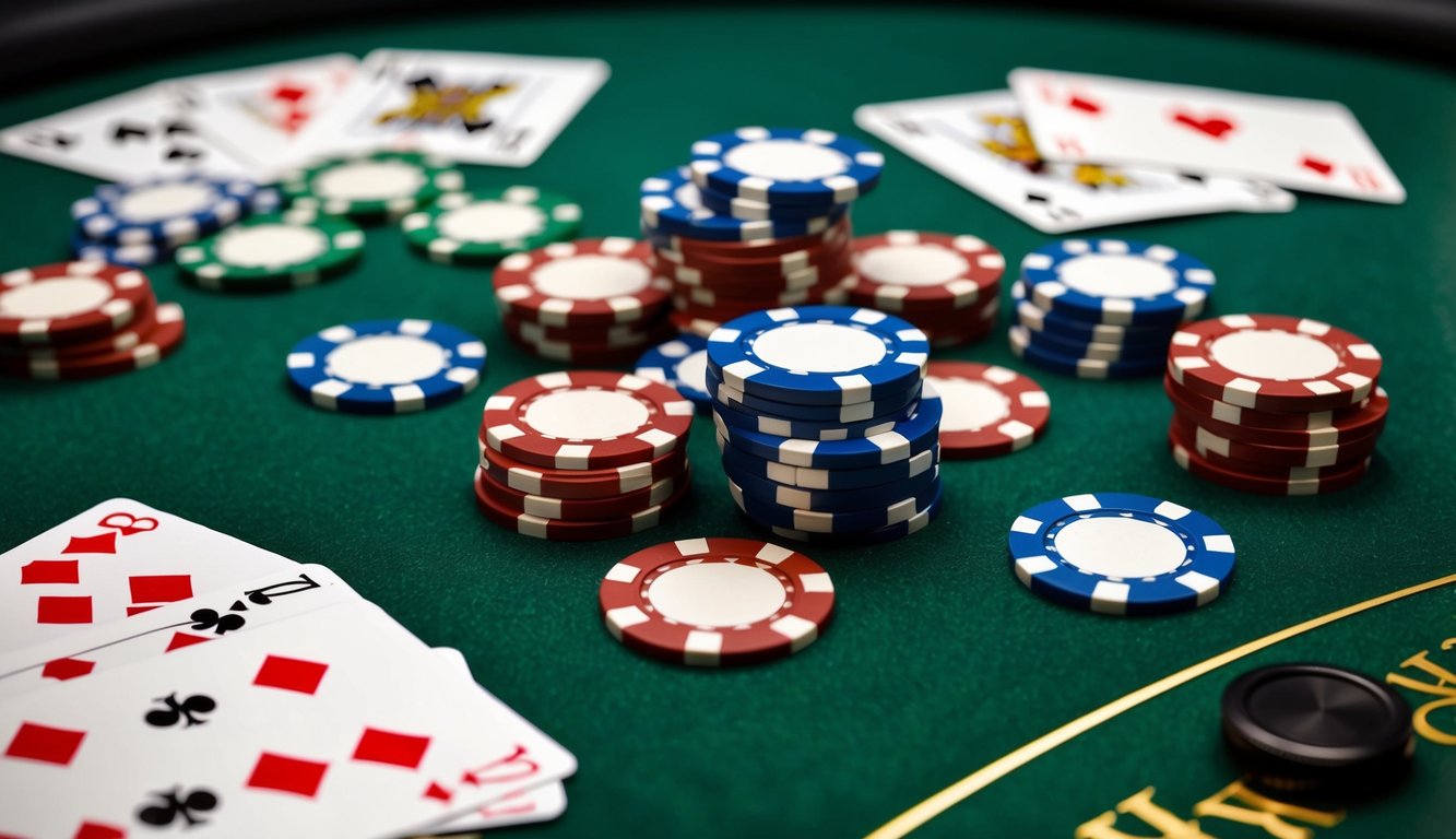 Sekelompok chip poker tersebar di atas meja felt hijau, dikelilingi oleh kartu permainan dan tombol dealer