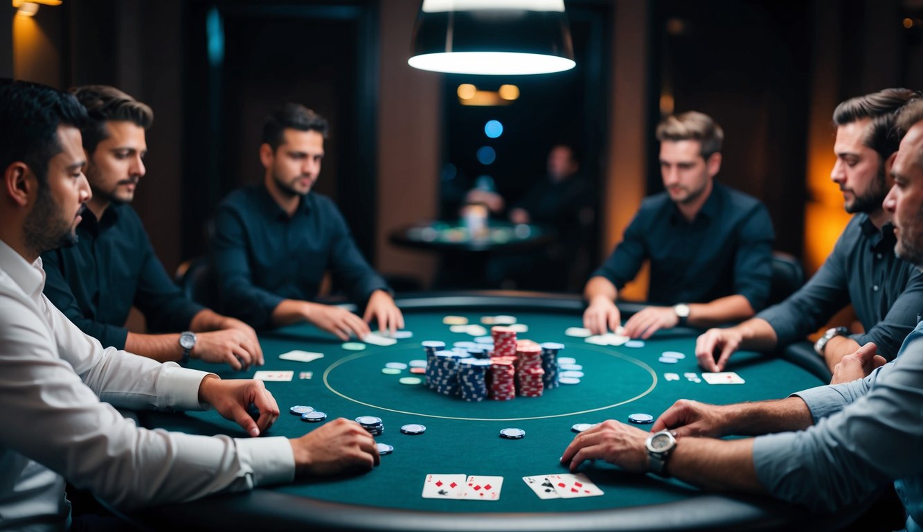 Sekelompok pemain poker duduk di sekitar meja, dengan kartu dan chip tersebar di atas felt, di sebuah ruangan yang redup.