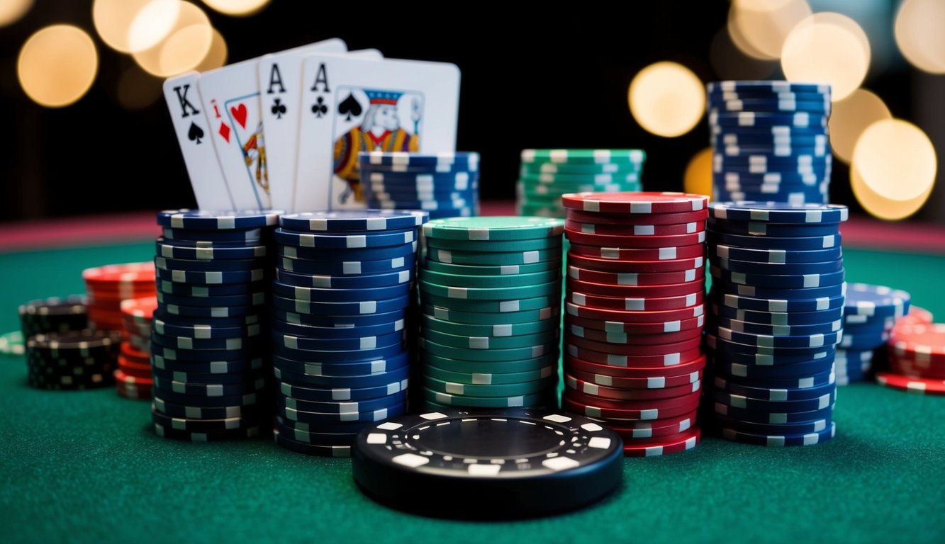 Sekelompok chip poker dan kartu yang disusun di atas meja felt hijau, dengan tombol dealer dan tumpukan chip di latar belakang