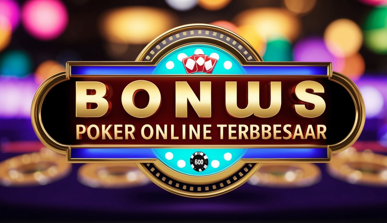 Latar belakang kasino digital yang berwarna-warni dengan tanda besar "Bonus Poker Online Terbesar" yang ditampilkan secara mencolok