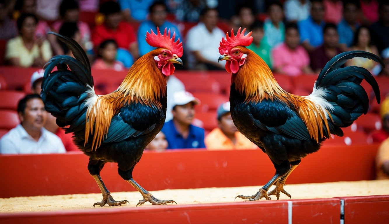 Dua ayam jantan bertarung di arena yang ramai. Penonton bersorak saat pertandingan sabung ayam yang intens disiarkan langsung.