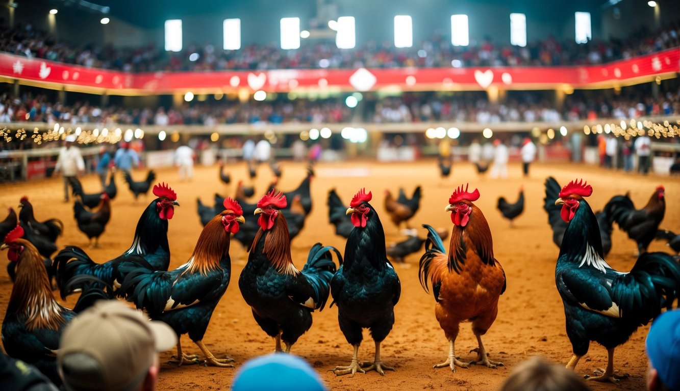 Arena sabung ayam yang ramai dan hidup dengan penonton yang bersorak dan ayam jantan berwarna-warni di tengahnya