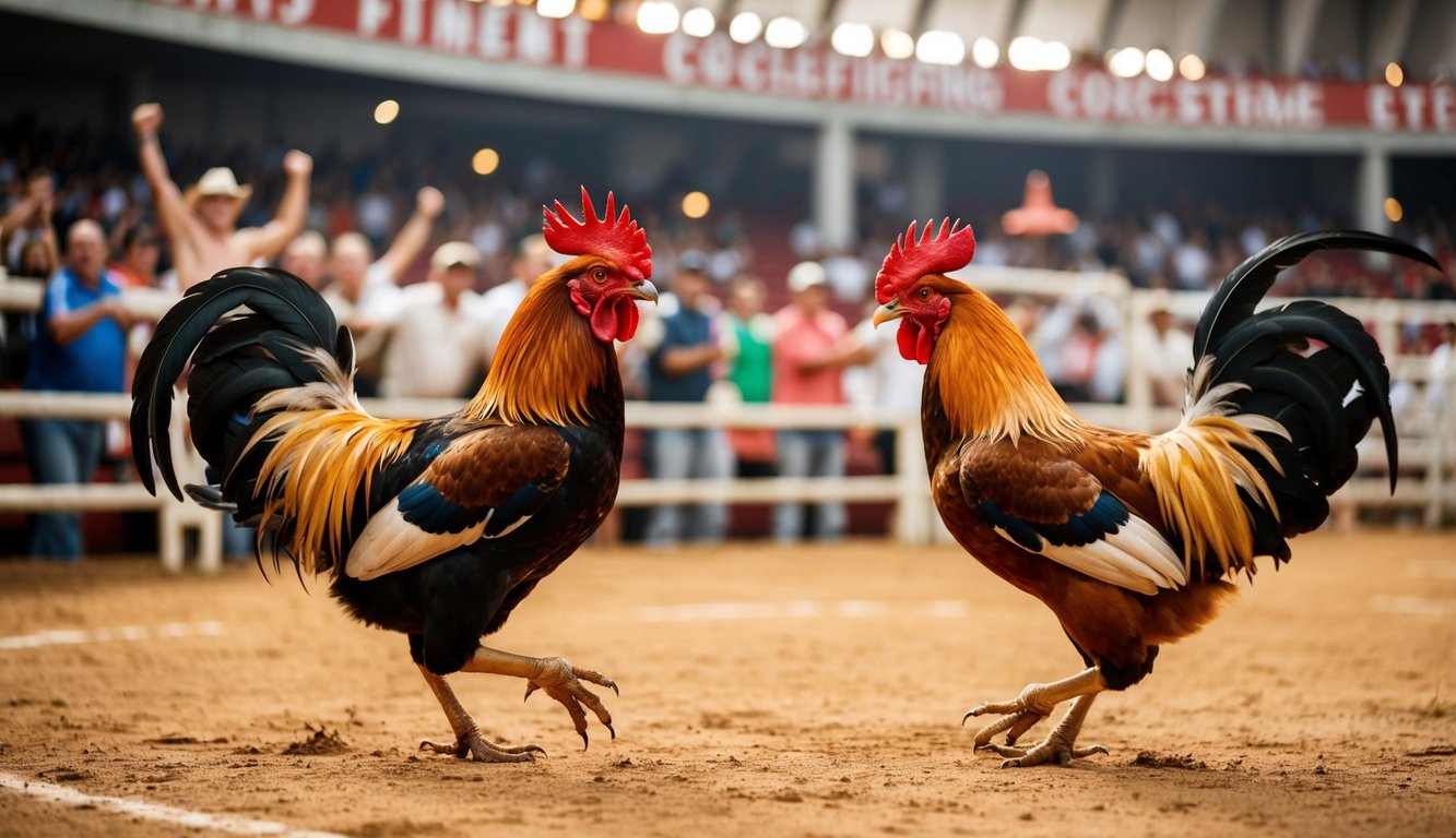 Sebuah arena sabung ayam yang ramai dengan penonton yang bersorak dan dua ayam jantan yang garang terlibat dalam pertarungan