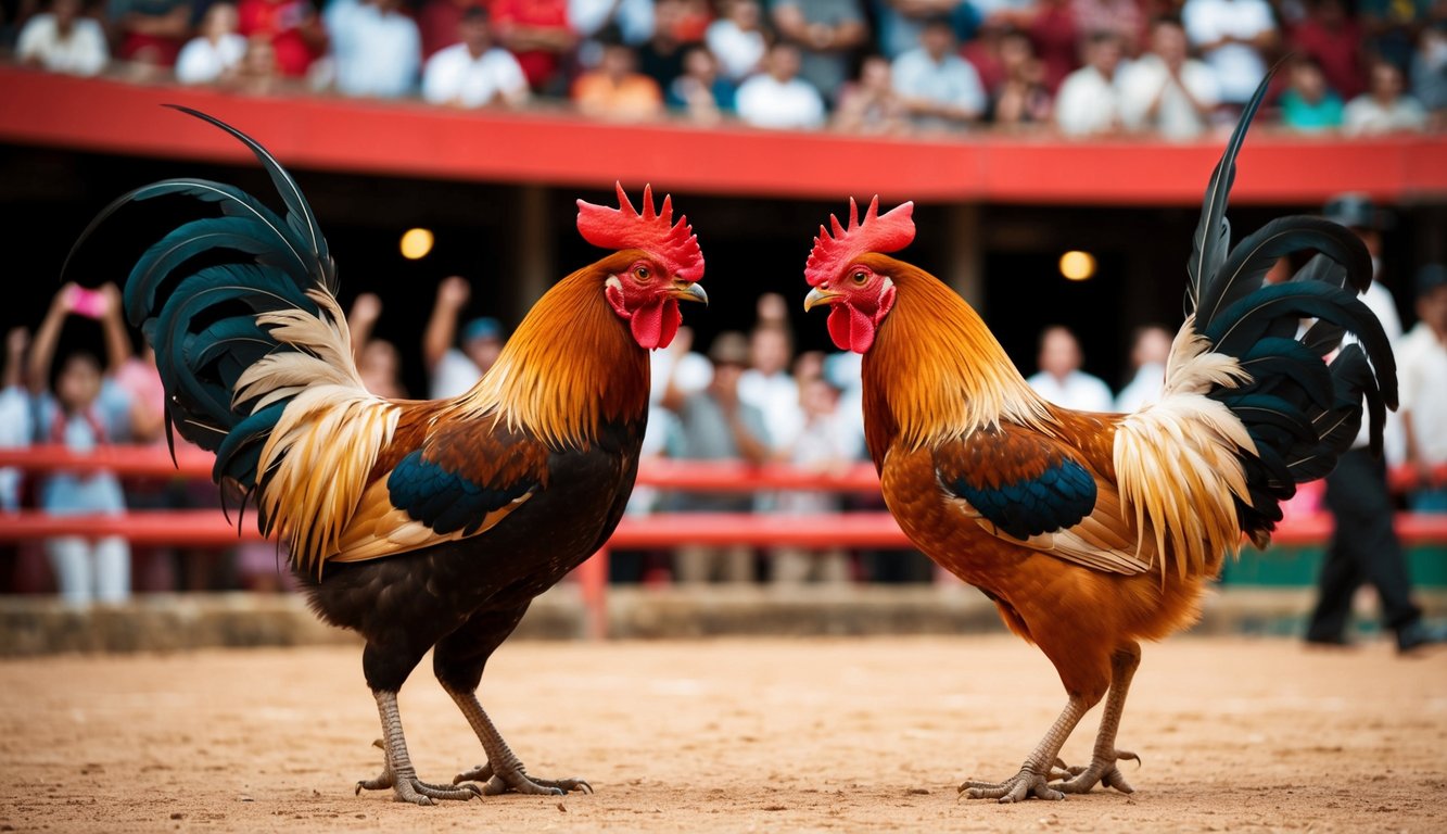 Dua ayam jantan berhadapan di arena sabung ayam tradisional dengan penonton yang bersorak di latar belakang