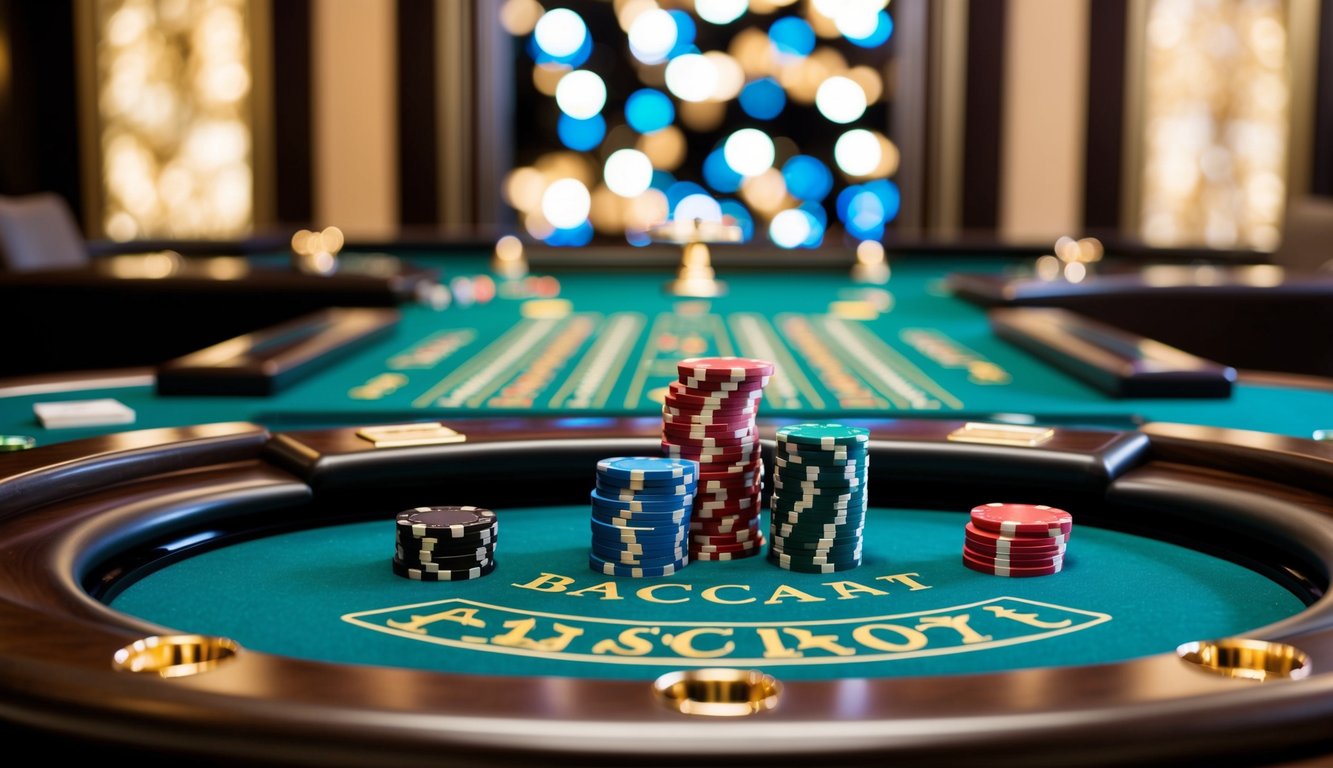 Sebuah meja kasino mewah dengan tumpukan chip dan set permainan baccarat yang ramping, dikelilingi oleh dekorasi yang elegan dan pencahayaan lembut