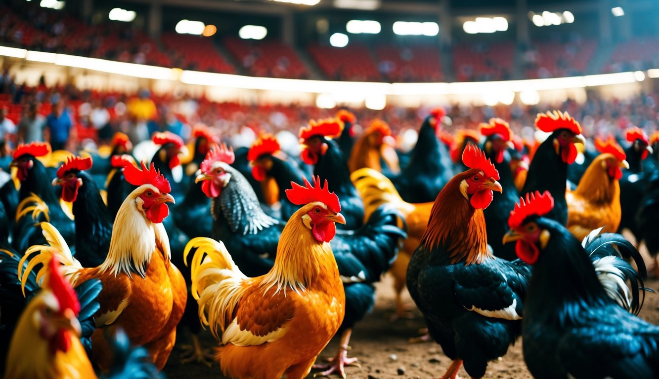 Arena sabung ayam yang ramai dengan ayam jantan berwarna-warni dan penonton yang bersemangat