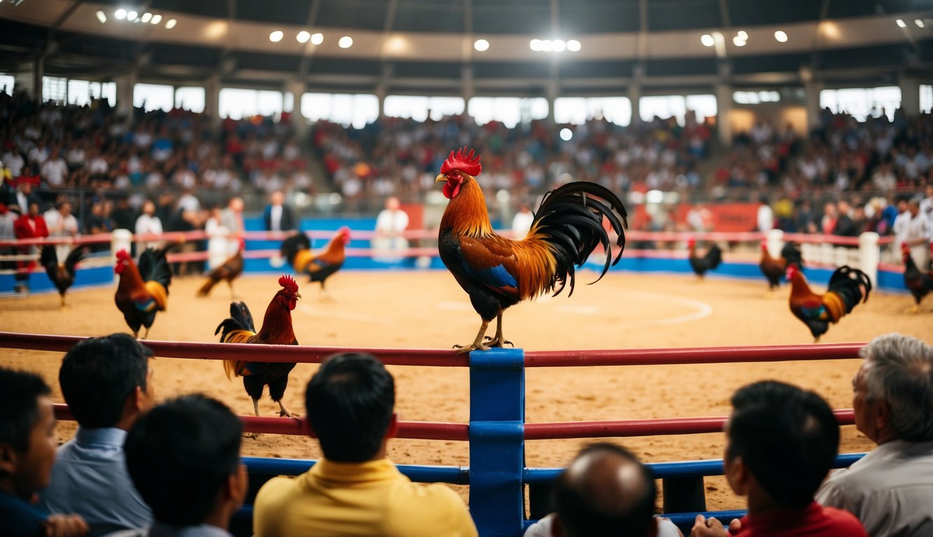 Sebuah arena sabung ayam resmi yang ramai dengan penonton yang bersorak dan ayam jantan berwarna-warni di dalam ring