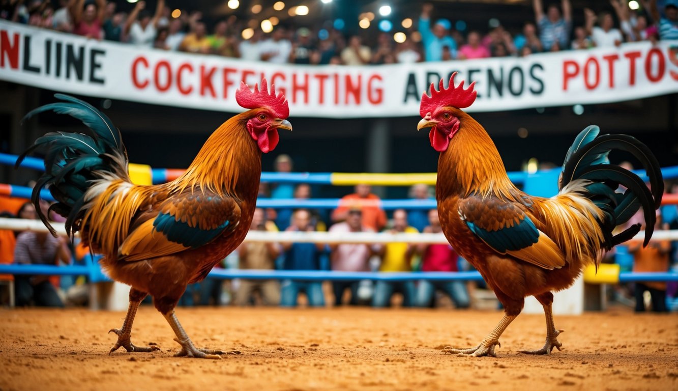 Dua ayam jantan berhadapan di arena sabung ayam online yang ramai, dikelilingi oleh penonton yang bersorak dan spanduk berwarna-warni