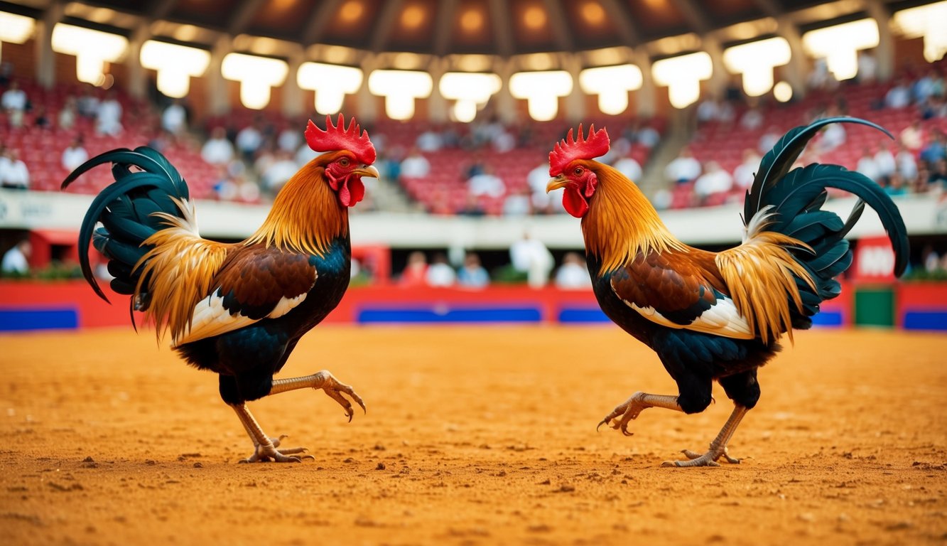 Sebuah arena sabung ayam yang meriah dengan penonton yang bersorak dan dua ayam jantan yang garang terlibat dalam pertarungan