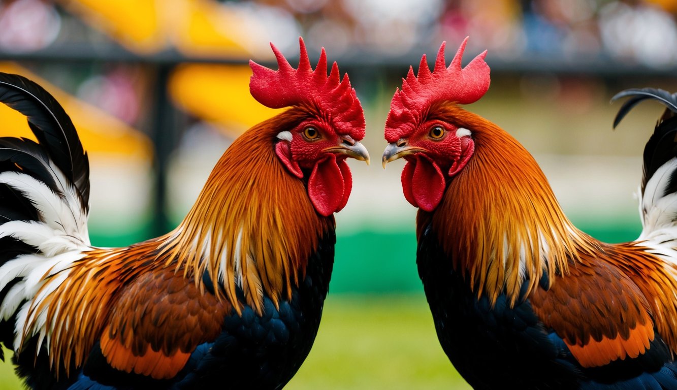 Dua ayam jantan saling berhadapan dalam pertandingan sabung ayam yang disiarkan langsung