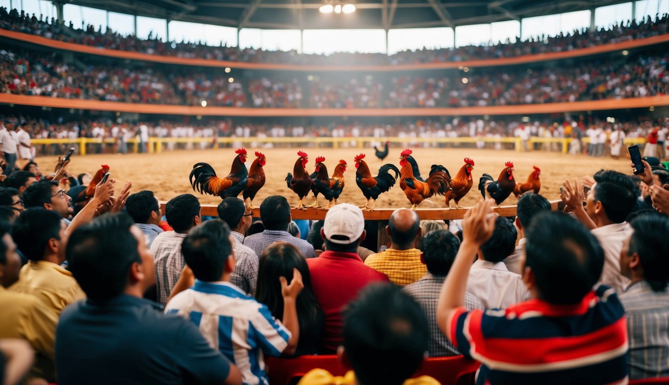 Sebuah arena yang ramai dengan penonton yang bersorak dan ayam jantan berwarna-warni di tengah, siap untuk bertarung ayam