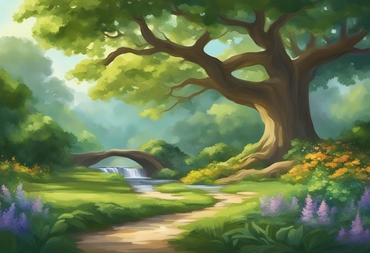 A serene, lush garden with a flowing stream, vibrant greenery, and a majestic oak tree symbolizing growth and stability