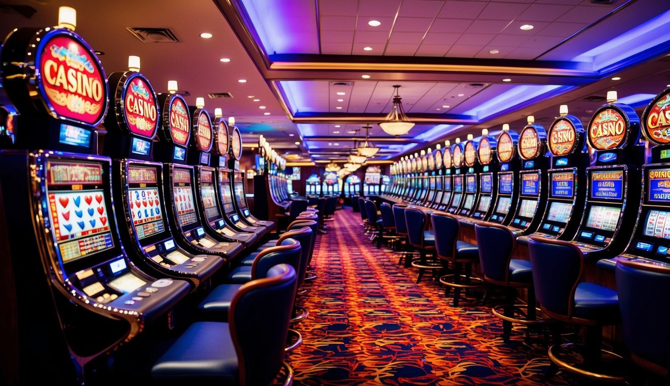 A colorful and vibrant casino with rows of slot machines and card tables, surrounded by flashing lights and bustling with activity