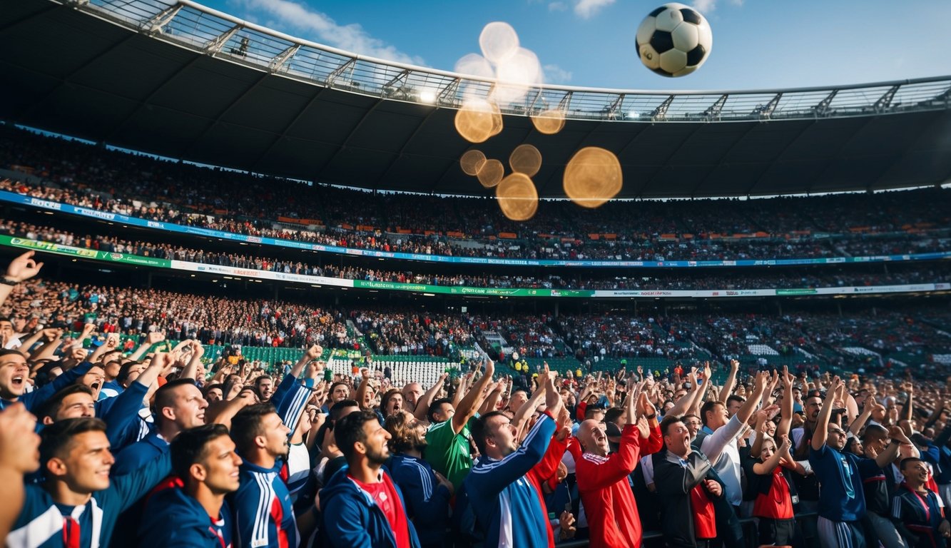 Sebuah stadion olahraga yang ramai dengan penggemar yang bersorak dan bola sepak yang terbang di udara menuju gawang