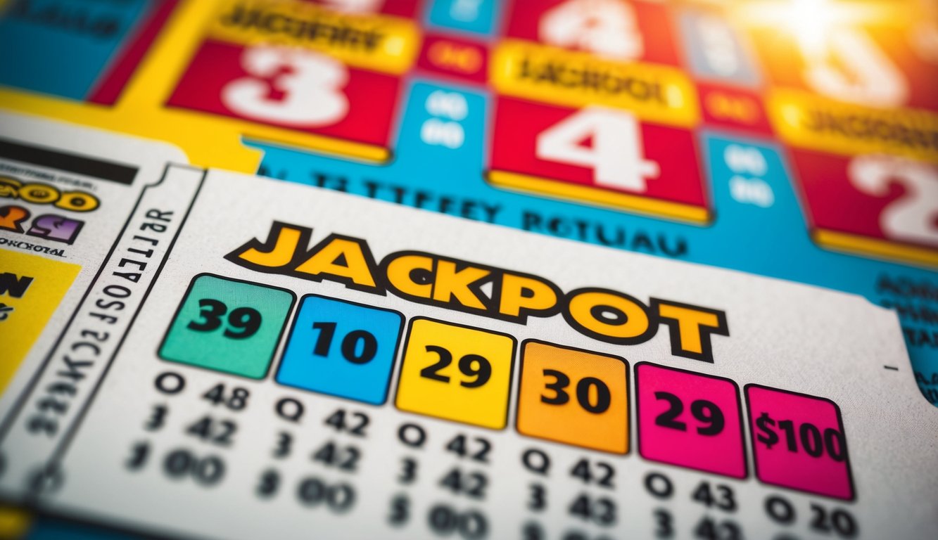 Sebuah tiket lotere yang berwarna-warni dan cerah dengan jumlah jackpot besar yang ditampilkan secara mencolok