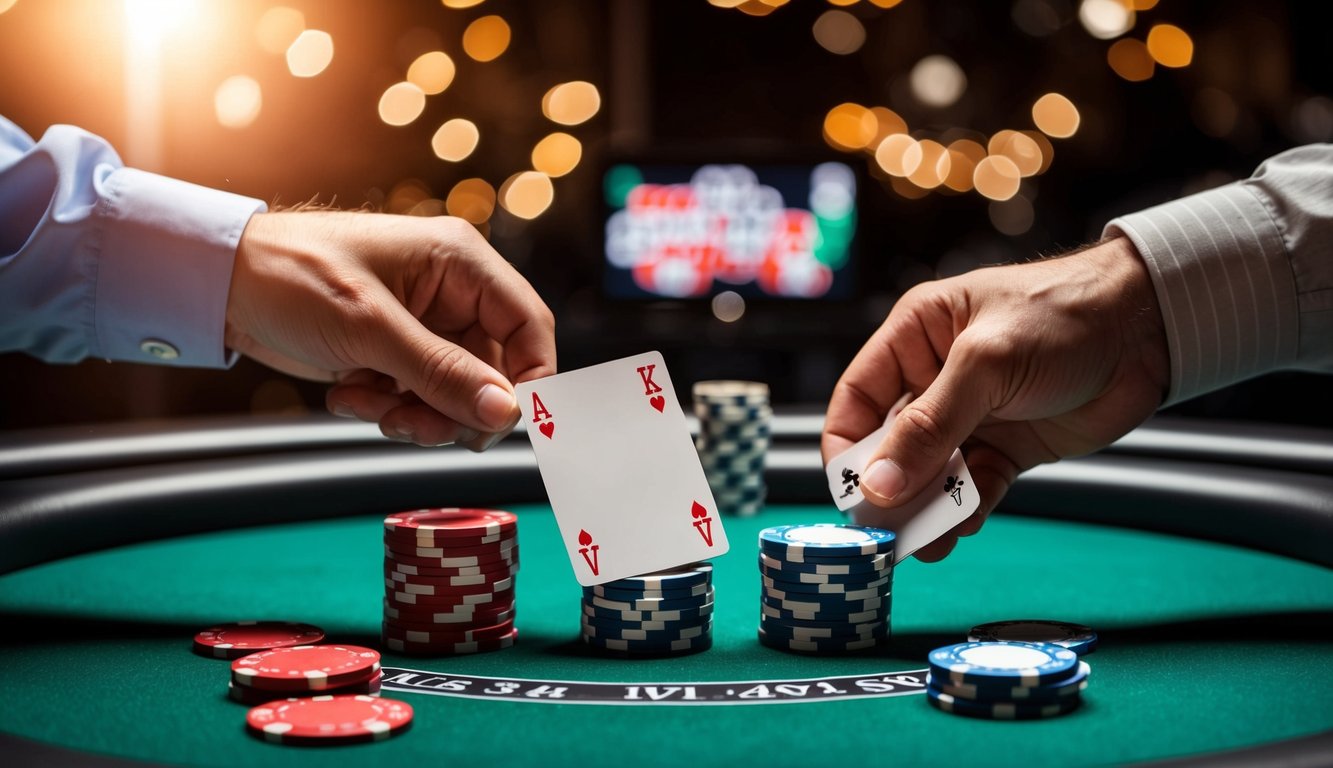 Meja poker virtual dengan chip dan kartu yang cepat berpindah tangan