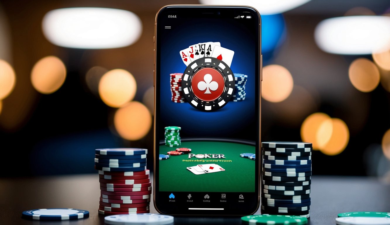 Sebuah smartphone menampilkan aplikasi permainan poker dengan chip dan kartu di atas meja