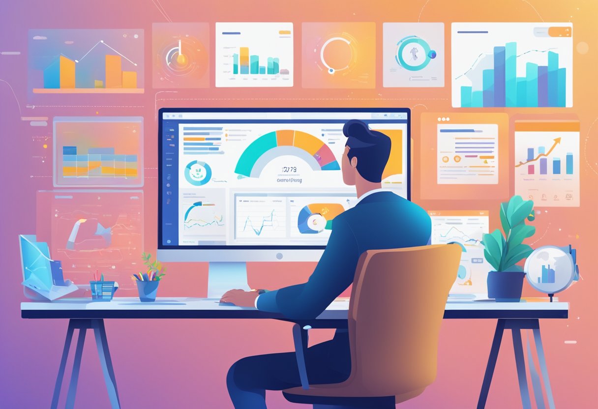 An affiliate marketer at a computer, surrounded by various marketing materials and analytics charts, with a CRM software interface open on the screen