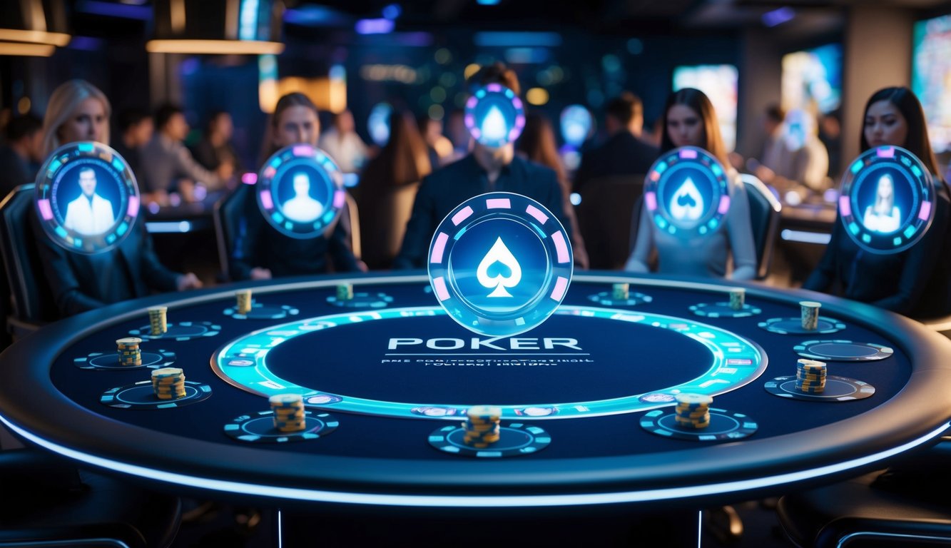 Sebuah meja poker futuristik, ramping, dan berteknologi tinggi dengan kartu dan chip holografik, dikelilingi oleh avatar virtual pemain dari seluruh dunia