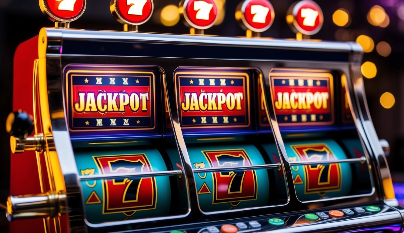 Sebuah mesin slot berwarna-warni yang berkedip dengan tiga gulungan yang menampilkan simbol jackpot yang cocok