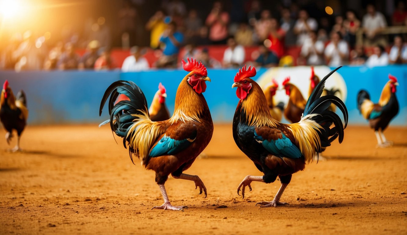 Sebuah arena sabung ayam yang ramai dan bersemangat dengan penonton yang bersorak dan ayam jantan berwarna-warni di tengah pertarungan yang intens