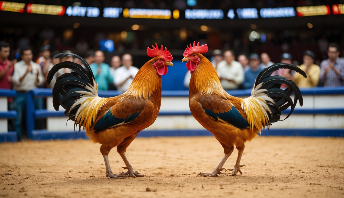 Dua ayam jantan berhadapan di arena sabung ayam online yang ramai, dikelilingi oleh para penonton antusias yang memasang taruhan