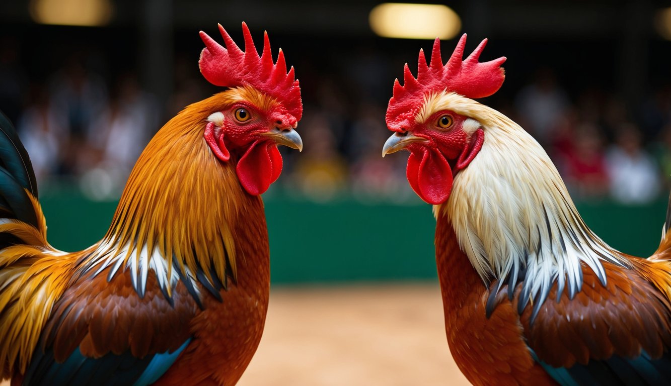 Dua ayam jantan saling berhadapan dalam pertarungan ayam yang disiarkan langsung