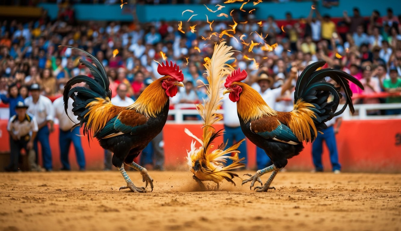 Sebuah arena yang ramai dengan penonton yang bersorak, dua ayam jantan dalam pertarungan sengit, bulu-bulu beterbangan saat mereka bertarung dengan keras dalam pertandingan sabung ayam tradisional.