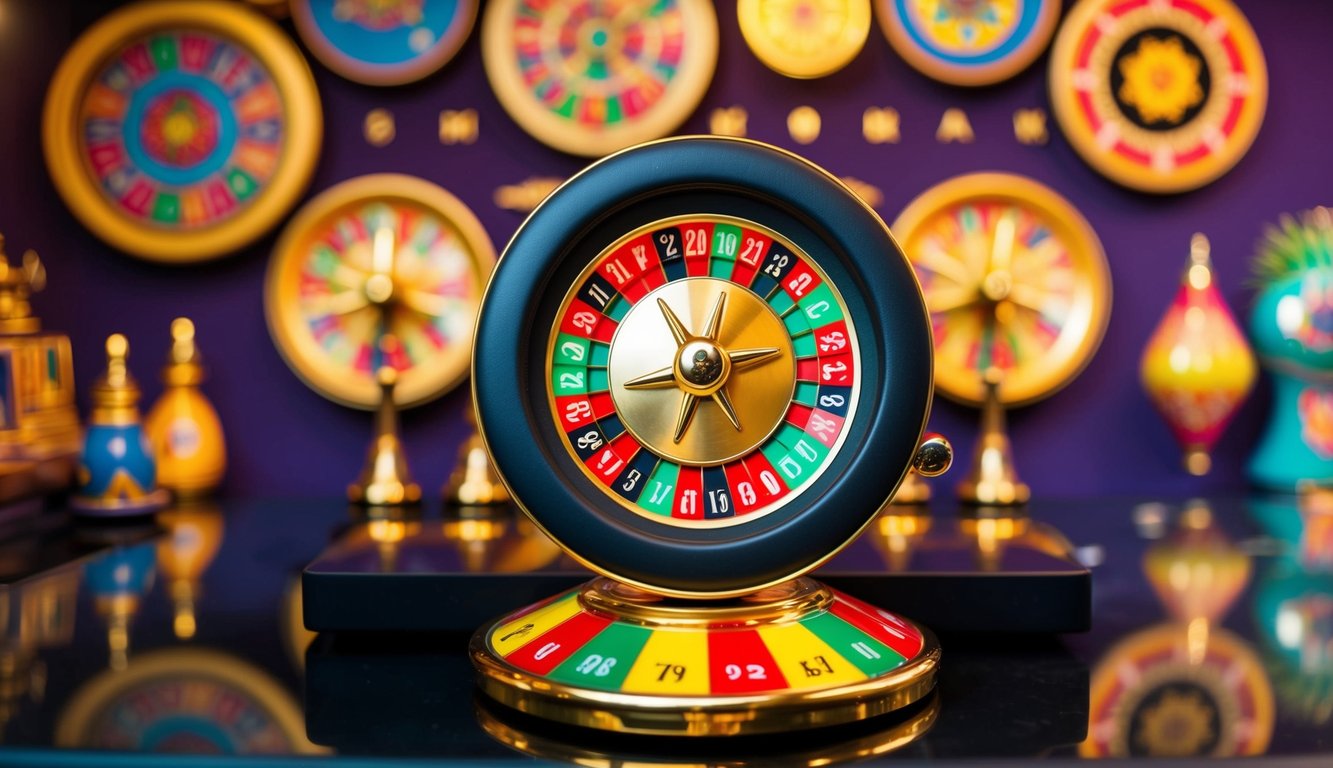 Sebuah roda roulette online berwarna-warni berputar di antarmuka digital dengan latar belakang elemen budaya Indonesia