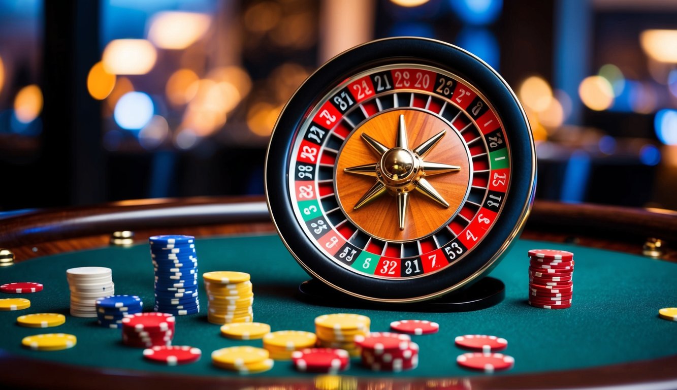 Sebuah roda roulette berputar dengan chip berwarna-warni tersebar di atas meja