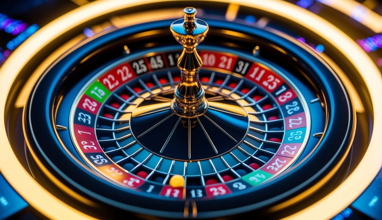 Roda roulette digital berputar di layar yang bersinar, dikelilingi oleh cahaya yang berdetak dan antarmuka futuristik