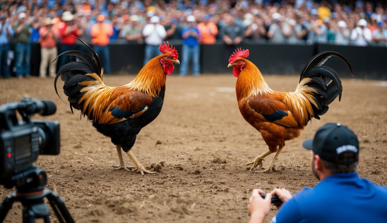 Dua ayam jantan berhadapan di sebuah lubang tanah, dikelilingi oleh kerumunan penonton yang bersorak-sorai dan kru kamera siaran langsung