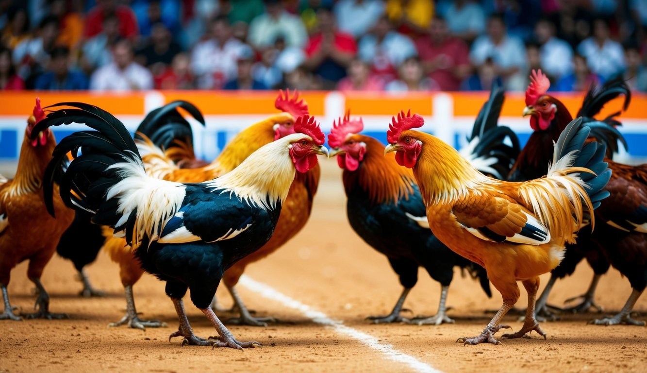 Sebuah arena yang ramai dengan ayam jantan berbulu berwarna-warni saling berhadapan dalam pertandingan sabung ayam online yang disetujui.