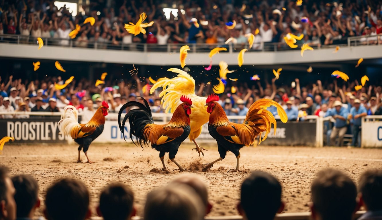 Sebuah arena yang ramai dipenuhi penonton yang bersorak, ayam jantan berwarna-warni terlibat dalam pertarungan sengit, bulu-bulu beterbangan di udara