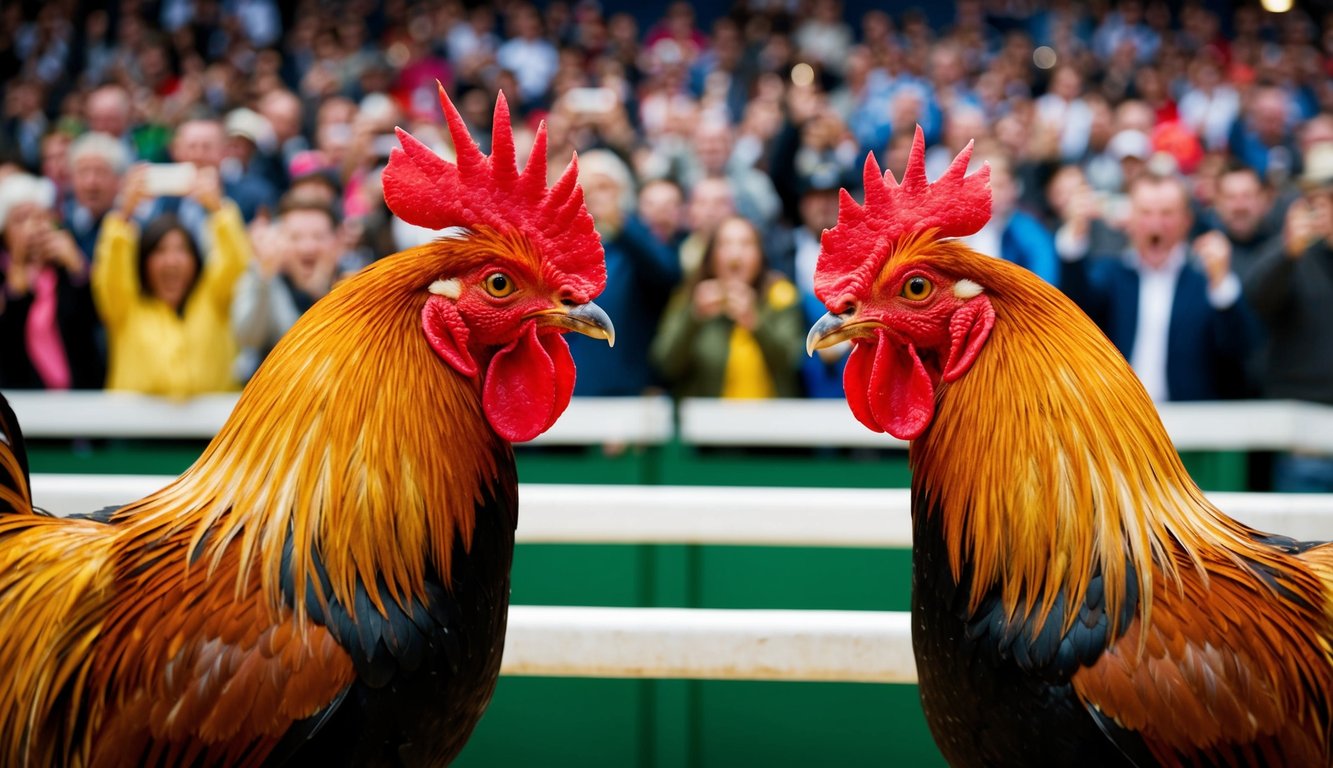 Dua ayam jantan berhadapan di arena yang ramai, dengan penonton bersorak dan memasang taruhan menggunakan ponsel mereka