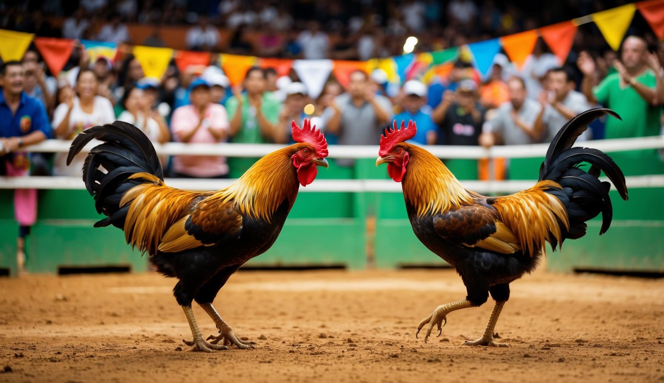 Sebuah arena yang ramai dengan dua ayam jantan yang saling berhadapan dalam pertarungan ayam yang sengit, dikelilingi oleh penonton yang bersorak-sorai dan spanduk berwarna-warni