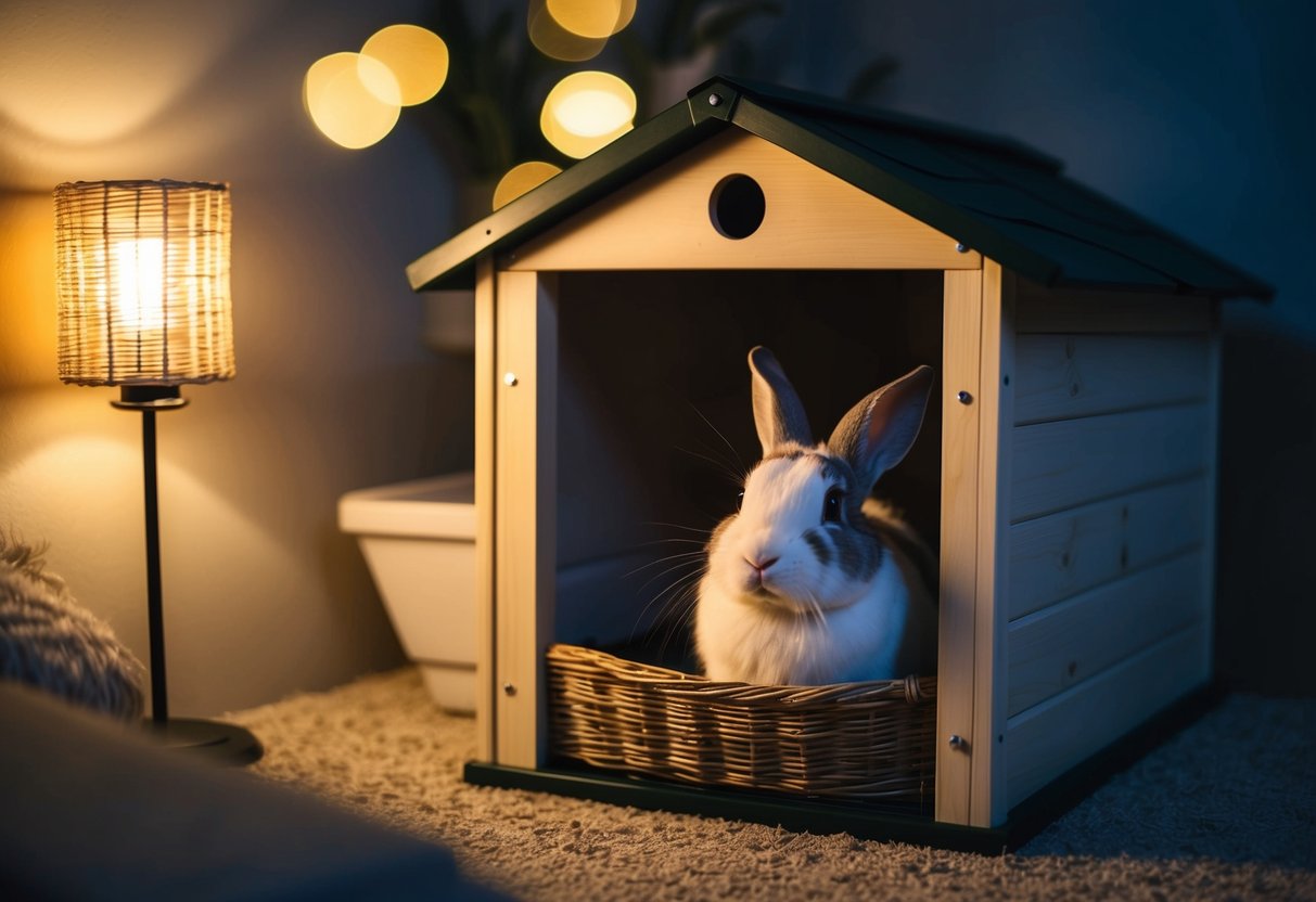A cozy rabbit hutch at night, with a soft glow from a night light illuminating the space