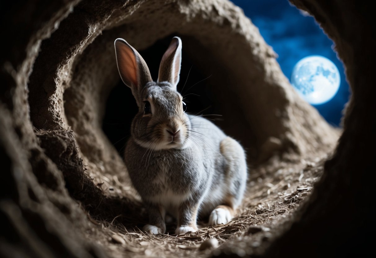 A rabbit sitting in a dimly lit burrow, surrounded by soft moonlight filtering through the entrance. The rabbit's large eyes are focused on the darkness outside, demonstrating its natural nocturnal vision