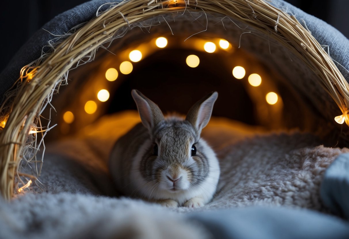 A cozy burrow with soft bedding and dim, ambient lighting for a rabbit's nighttime comfort and safety