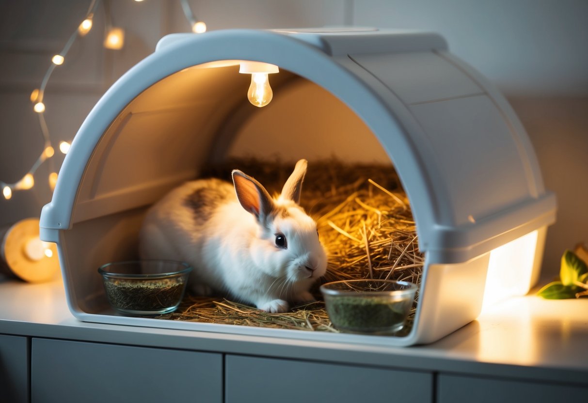 A rabbit hutch with a soft glow from a small night light, hay and water dishes, and a cozy sleeping area for the rabbit