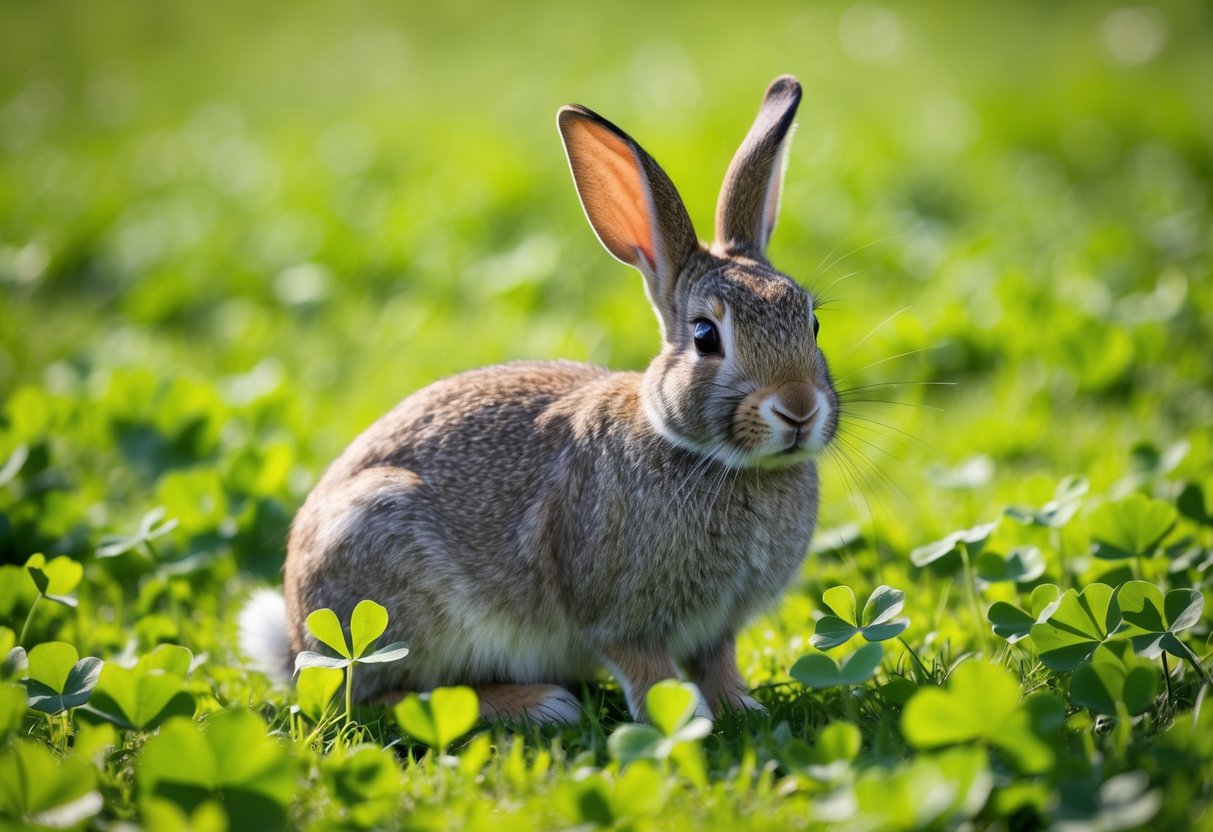A rabbit sits in a lush green field, surrounded by half-eaten clover. Its belly is round and content as it rests in the warm sunlight