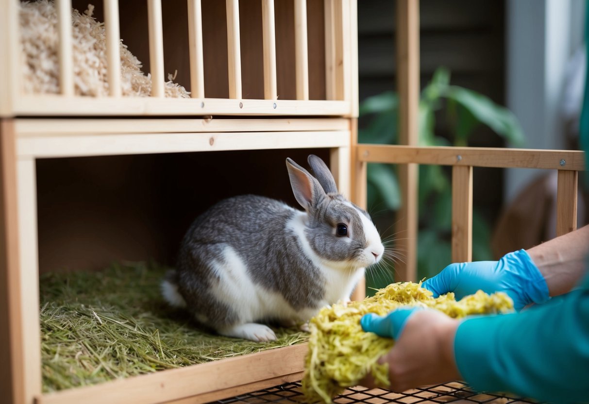 A rabbit hutch with soiled bedding being removed and replaced with fresh, clean bedding
