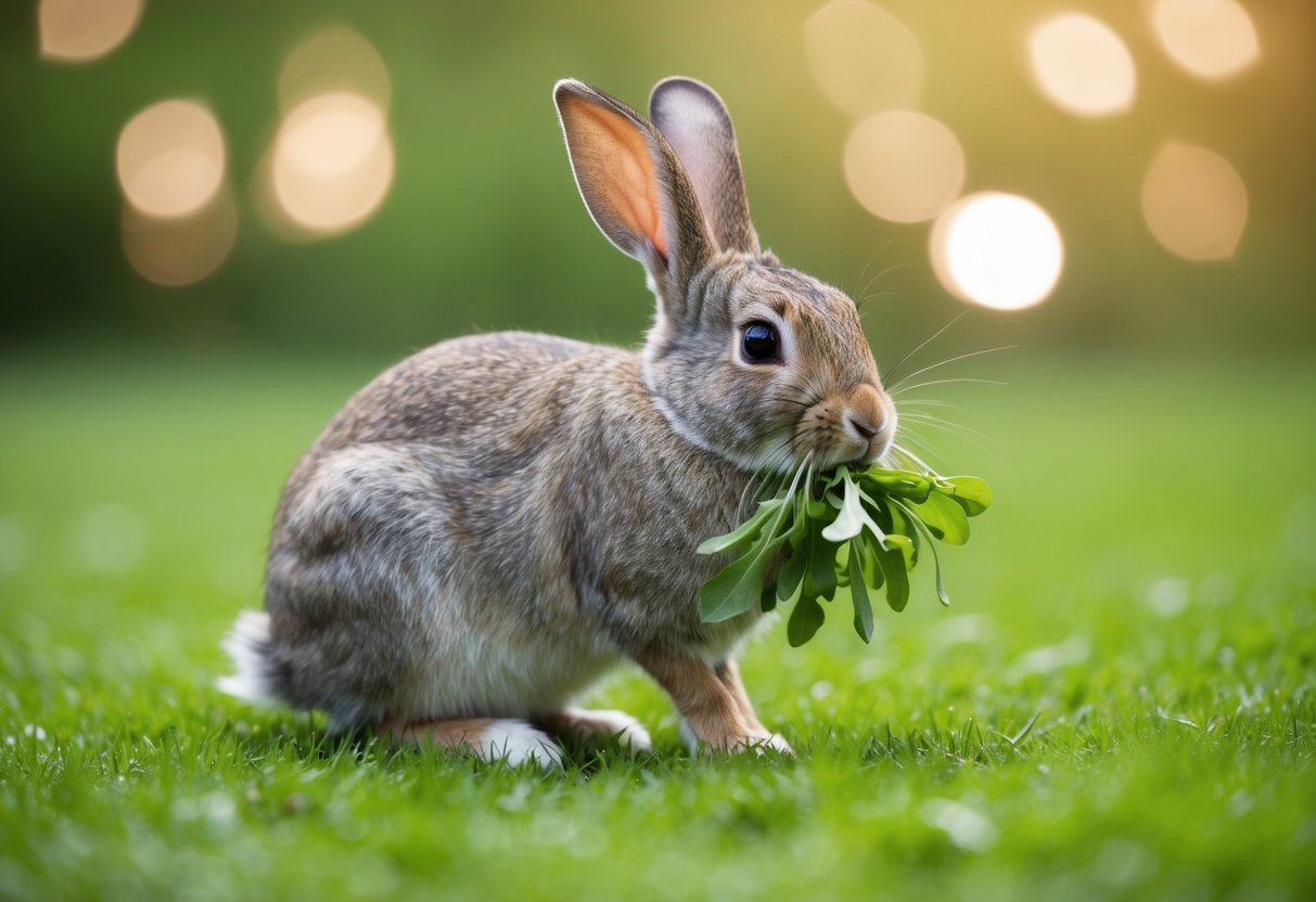 A rabbit nibbles on fresh greens, its belly full, content