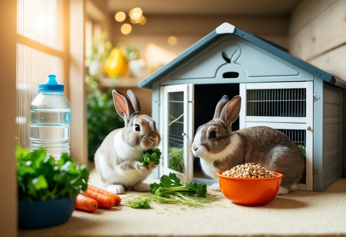 A cozy rabbit hutch with fresh hay, water bottle, and a bowl of pellets. Two bunnies nibbling on vegetables in a spacious, clean enclosure